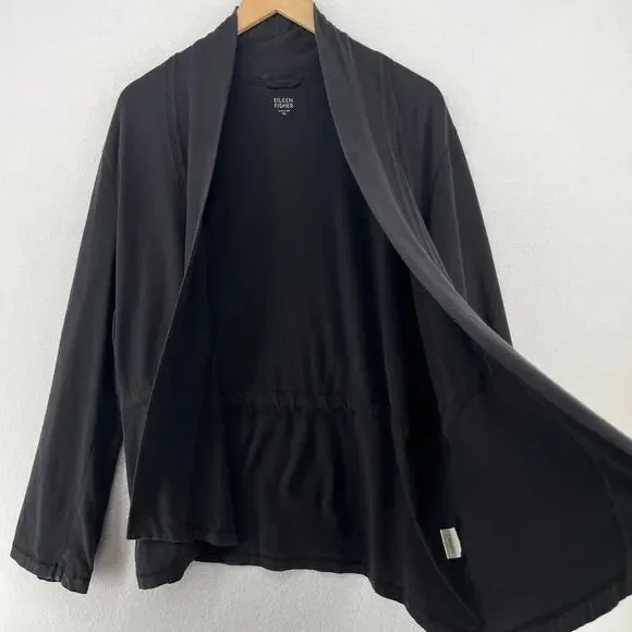 EILEEN FISHER Cardigan XL Stretch Organic Cotton Open Front Washed Black USA - Picture 7 of 16